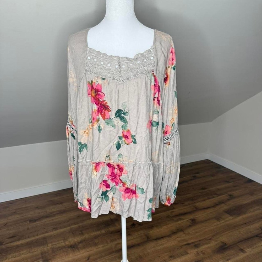 Festival ODDI Floral Babydoll Blouse – Cottagecore Boho Lace Top (Size L)-NWT
